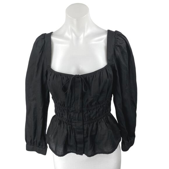 J.Crew Black Long Puff Sleeve Cinched Tie Square Neck Peplum Blouse Top Size 6 - Picture 1 of 4